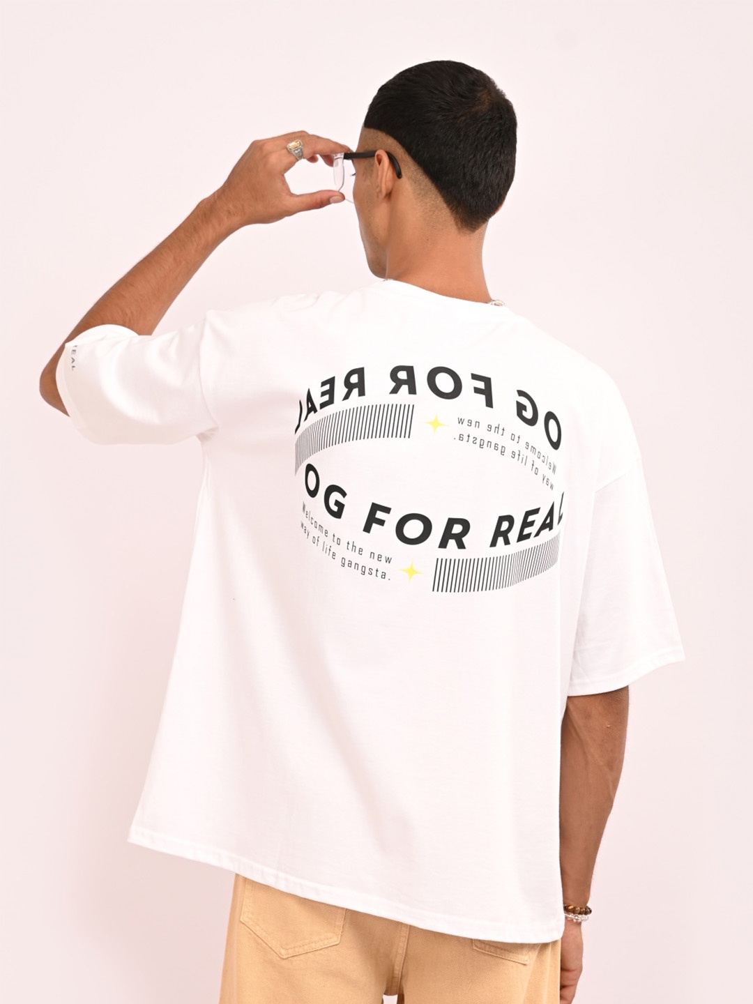 

OG For Real Typography Printed Drop-Shoulder Sleeves Oversized Cotton T-shirt, White