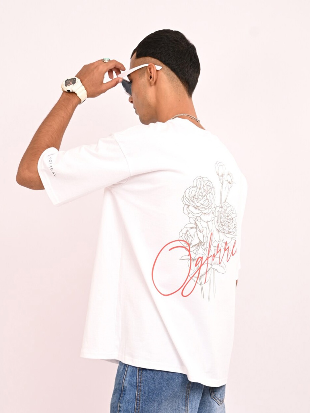 

OG For Real Graphic Printed Drop-Shoulder Sleeves Oversized Cotton T-shirt, White