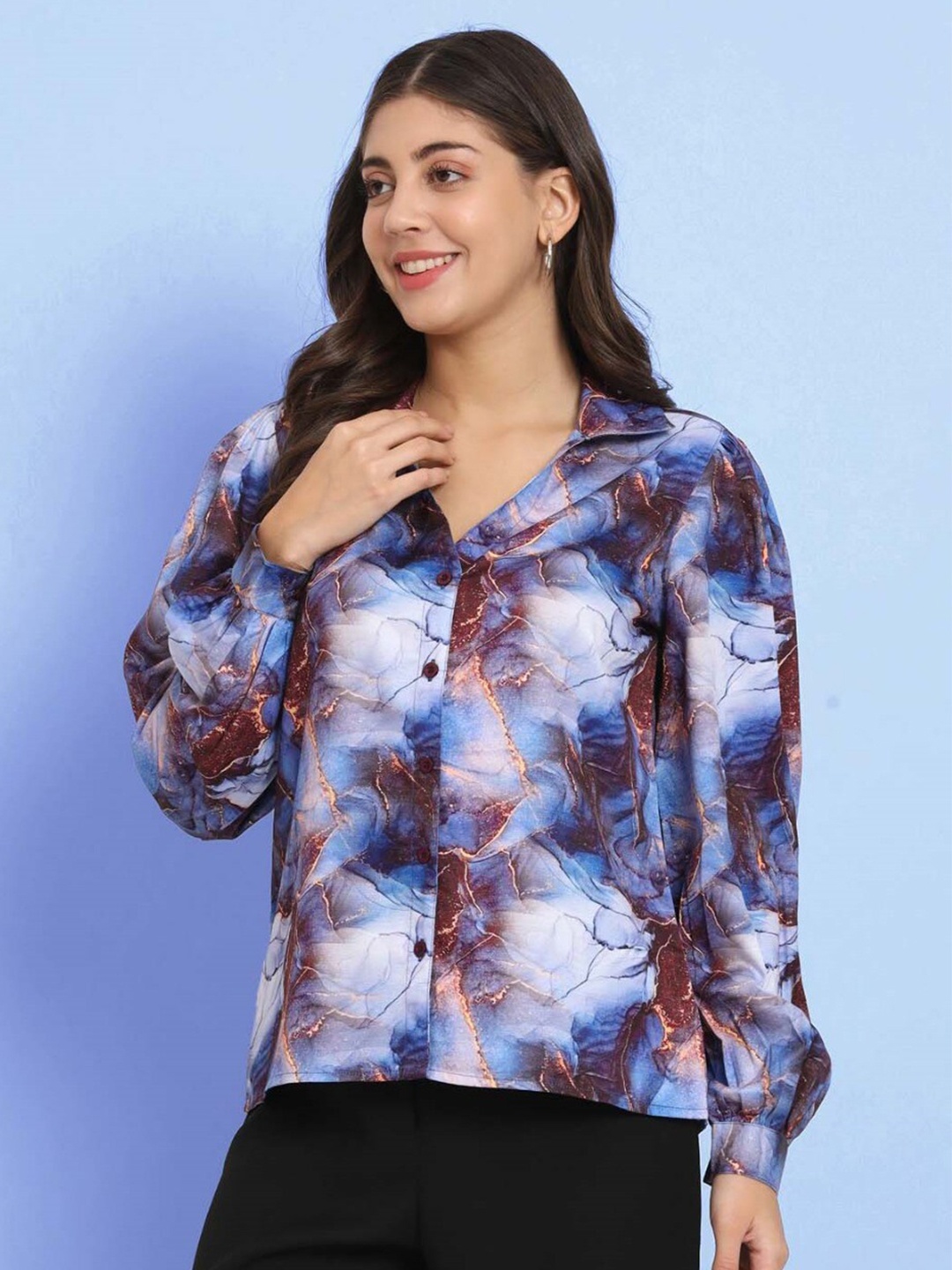 

CHARMGAL Classic Floral Printed Puffed Sleeves Casual Shirt, Purple