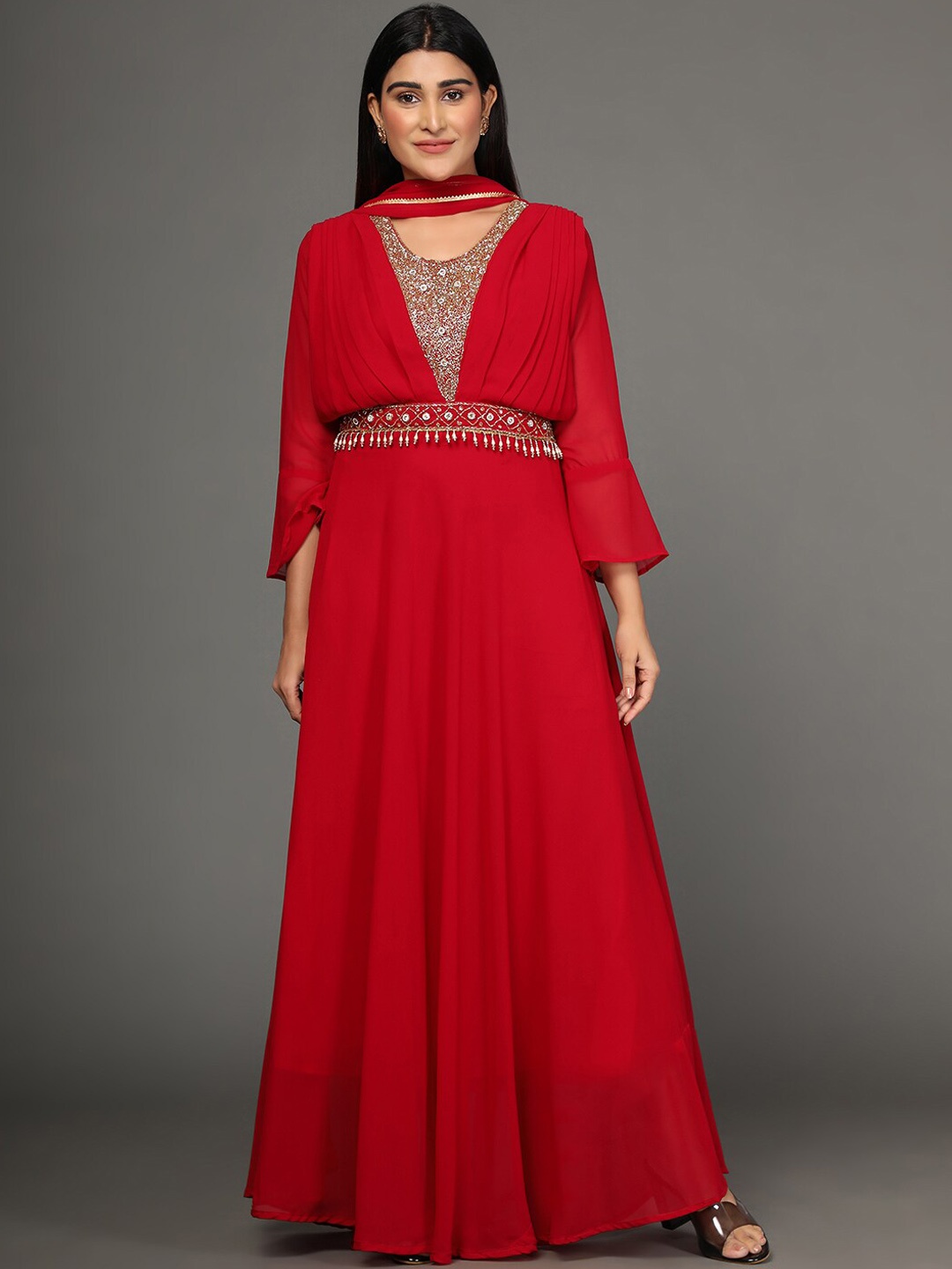 

KALINI Embellished Bell Sleeves Sequinned Georgette Fit & Flare Ethnic Dress With Dupatta, Maroon