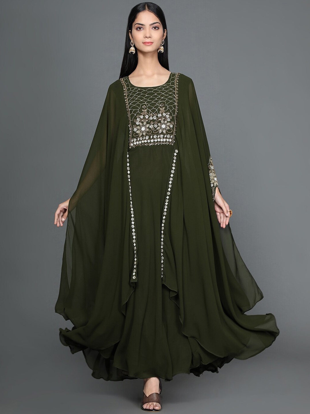 

KALINI Embroidered Beads & Stones Batwing Sleeves Georgette Fit & Flared Maxi Ethnic Dress, Olive