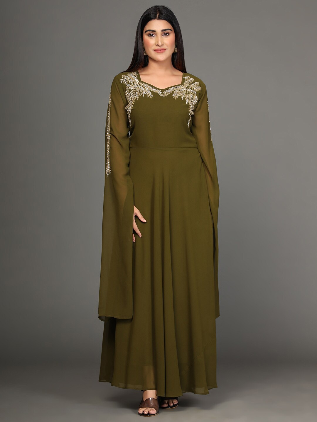 

KALINI Embellished V-Neck Fit & Flared Maxi Ethnic Dress, Olive