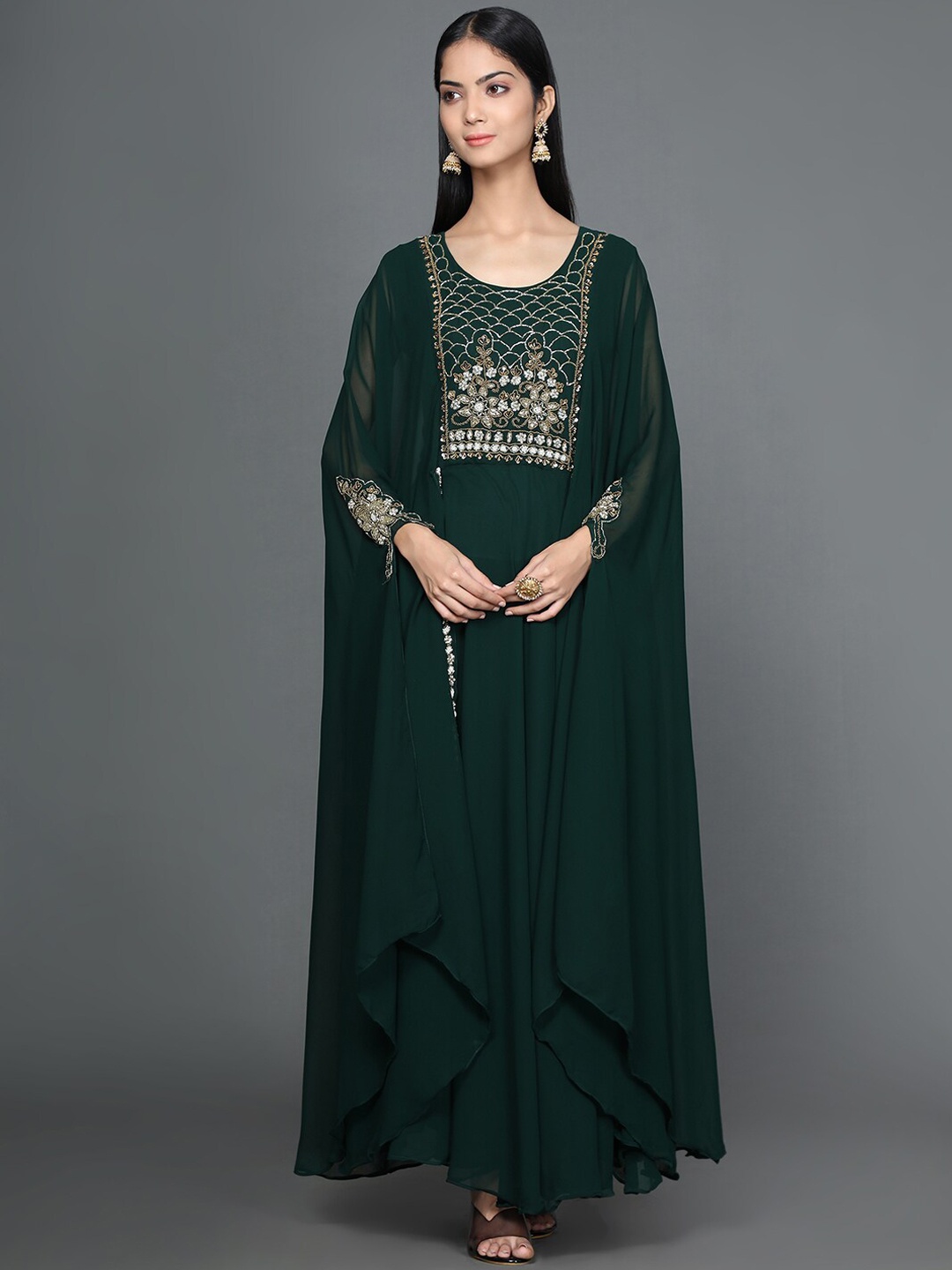 

KALINI Embroidered Beads & Stones Georgette Fit & Flared Maxi Ethnic Dress, Green