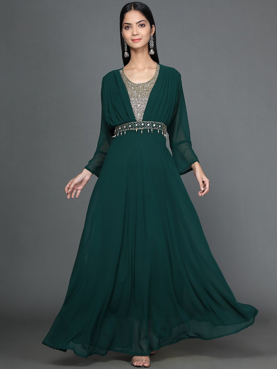 

KALINI Embellished Bell Sleeves Sequinned Georgette Fit & Flare Ethnic Dress With Dupatta, Green