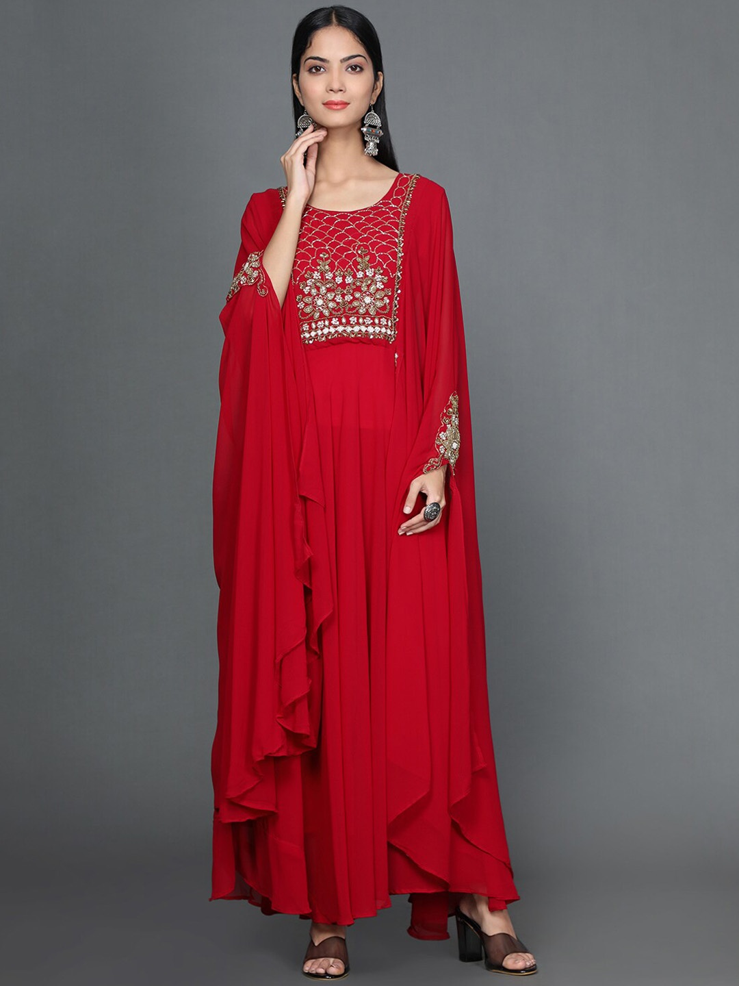 

KALINI Embroidered Beads & Stones Georgette Fit & Flared Maxi Ethnic Dress, Red