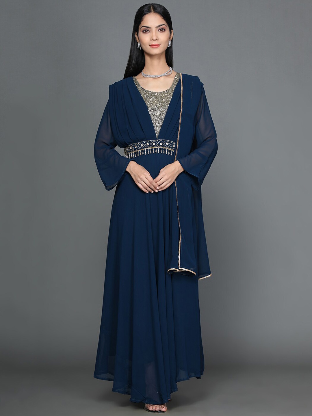 

KALINI Embellished Bell Sleeves Sequinned Georgette Fit & Flare Ethnic Dress With Dupatta, Blue