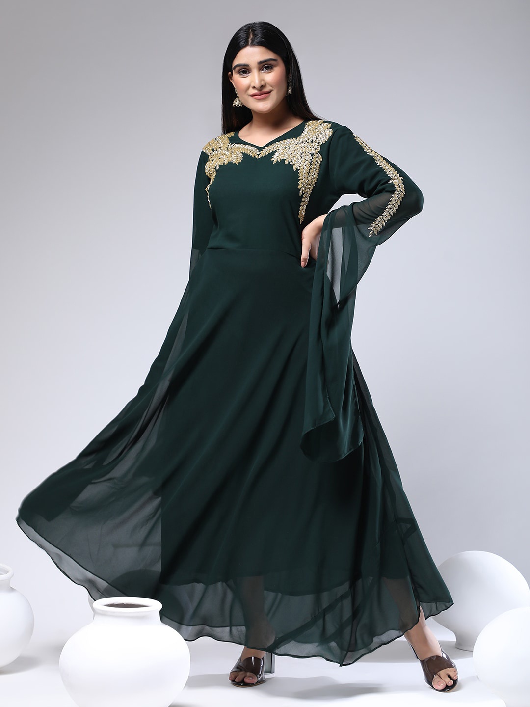 

KALINI Embellished V-Neck Flared Sleeves Fit & Flared Maxi Ethnic Dress, Green