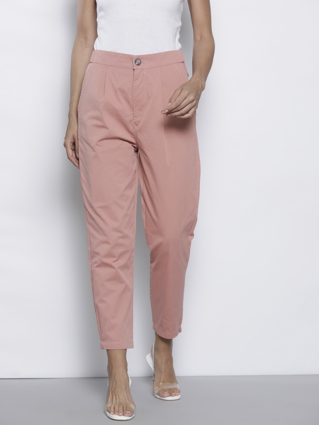 

DOROTHY PERKINS Women Pure Cotton Pleated Trousers, Rose