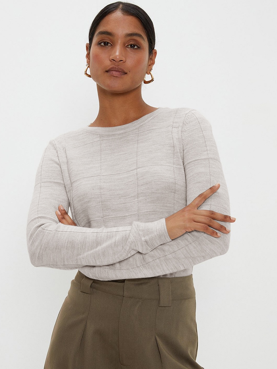 DOROTHY PERKINS Women Self Checked Acrylic Pullover, Grey