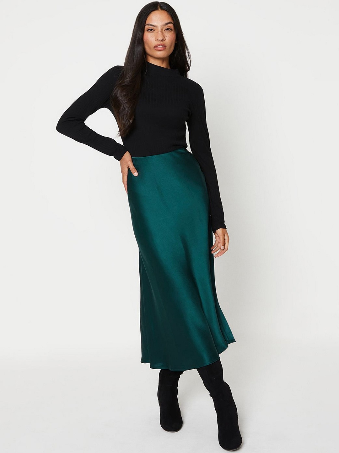 

DOROTHY PERKINS Satin-Finish A-Line Midi Skirt, Green