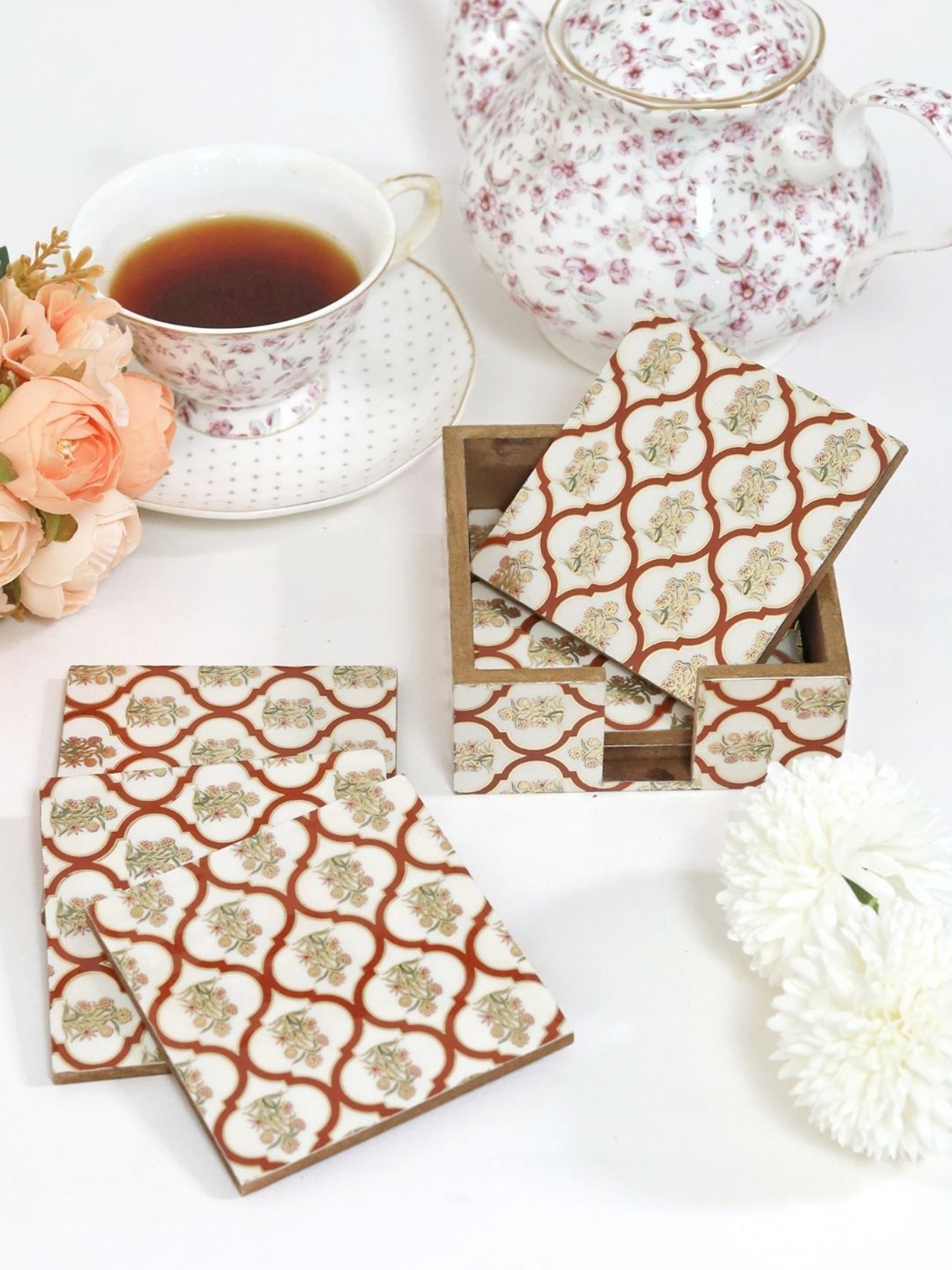 

CasaGold Red & Beige 6 Pieces Printed MDF Wood Tea Coasters With Stand