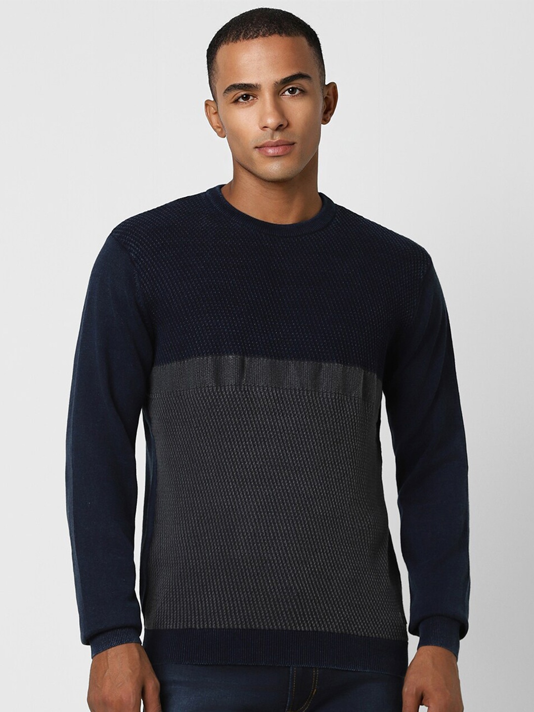 

Peter England Casuals Colourblocked Round Neck Pure Cotton Pullover, Navy blue