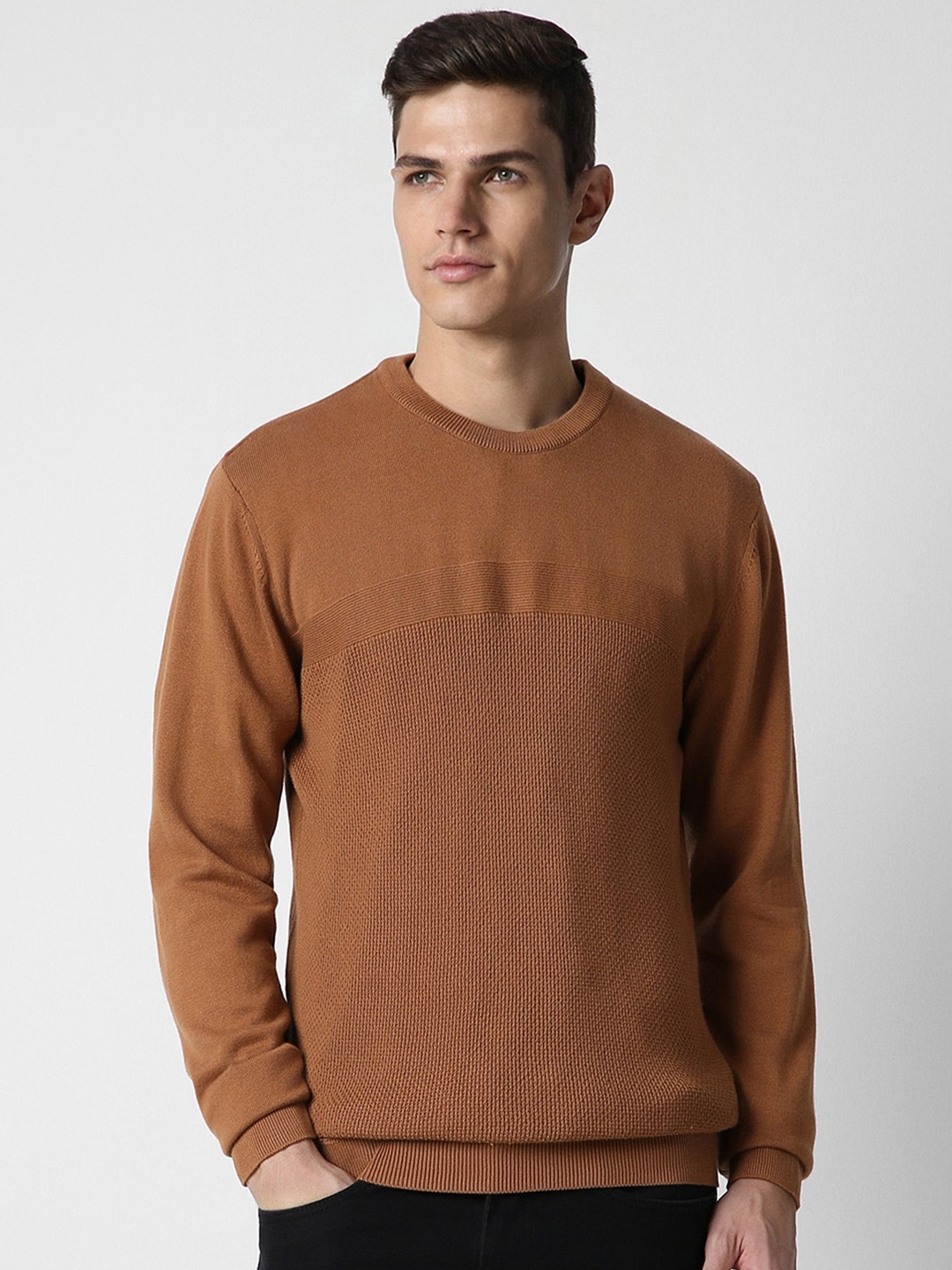 

Peter England Casuals Textured Round Neck Long Sleeves Cotton Pullover Sweater, Brown