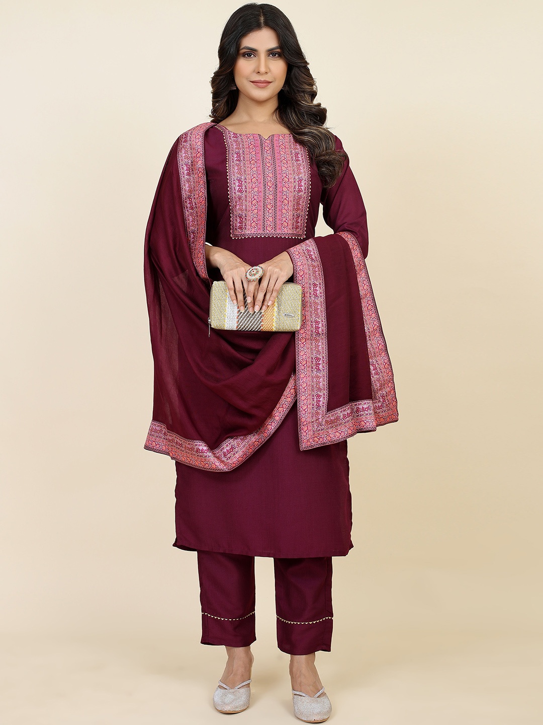 

STYLE SAMSARA Ethnic Motifs Yoke Design Gotta Patti Kurta with Trousers & Dupatta, Burgundy