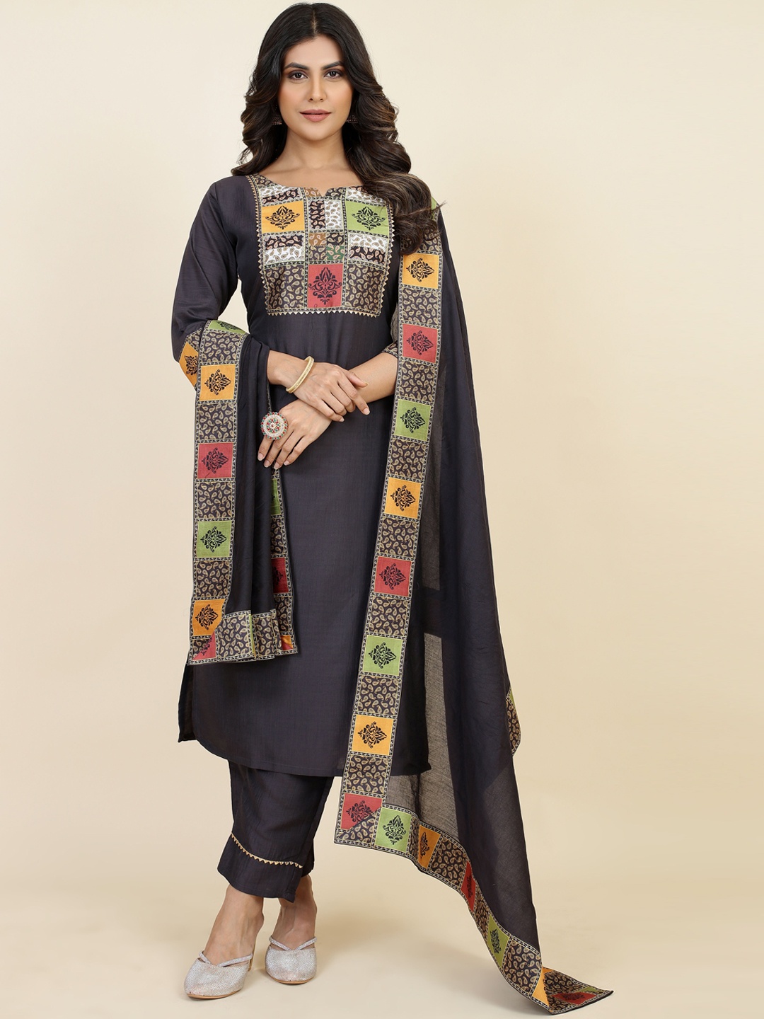 

STYLE SAMSARA Ethnic Motifs Yoke Design Gotta Patti Kurta with Trousers & Dupatta, Grey