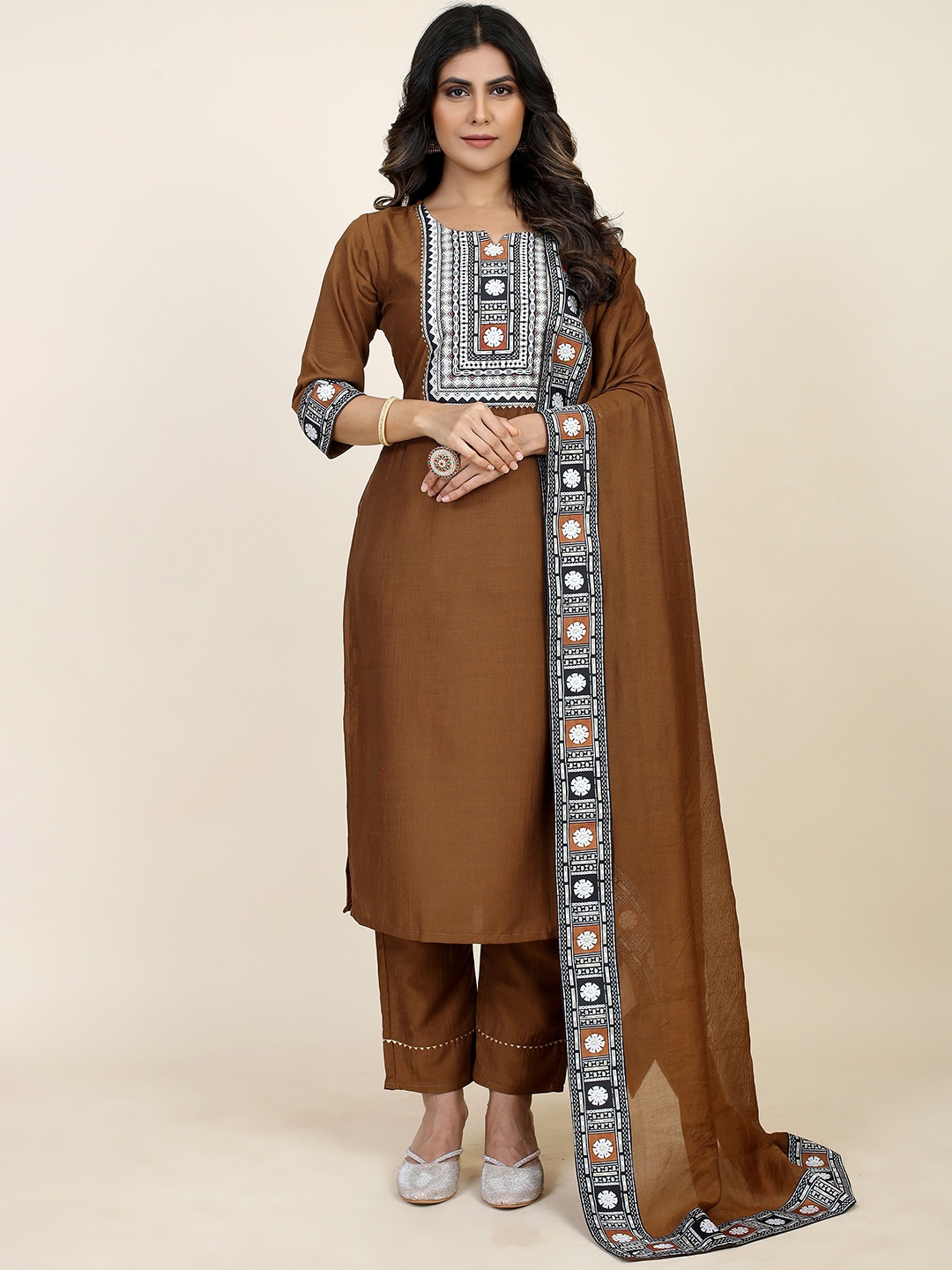 

STYLE SAMSARA Ethnic Motifs Yoke Design Gotta Patti Kurta with Trousers & Dupatta, Brown