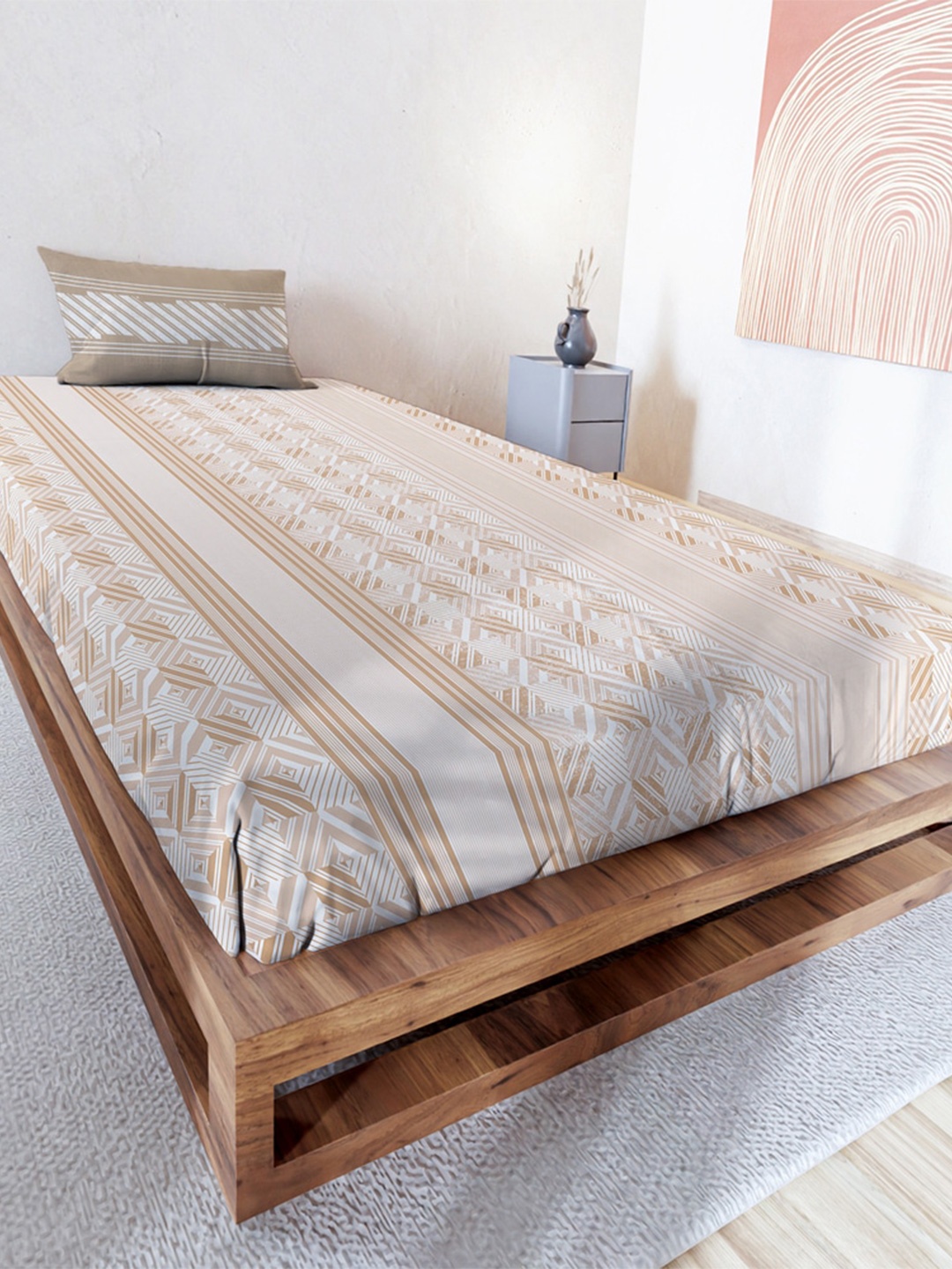 

MAYFAIR HOMES LONDON Beige & White Cotton 140 TC Single Bedsheet with 1 Pillow Cover