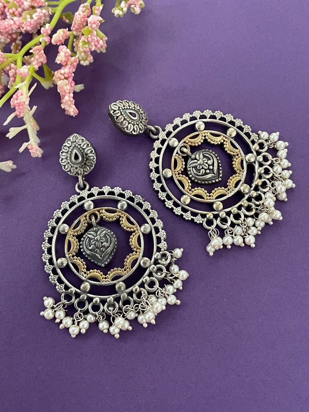 

Digital Dress Room Silver-Plated Beaded Circular Oxidized Drop Earrings
