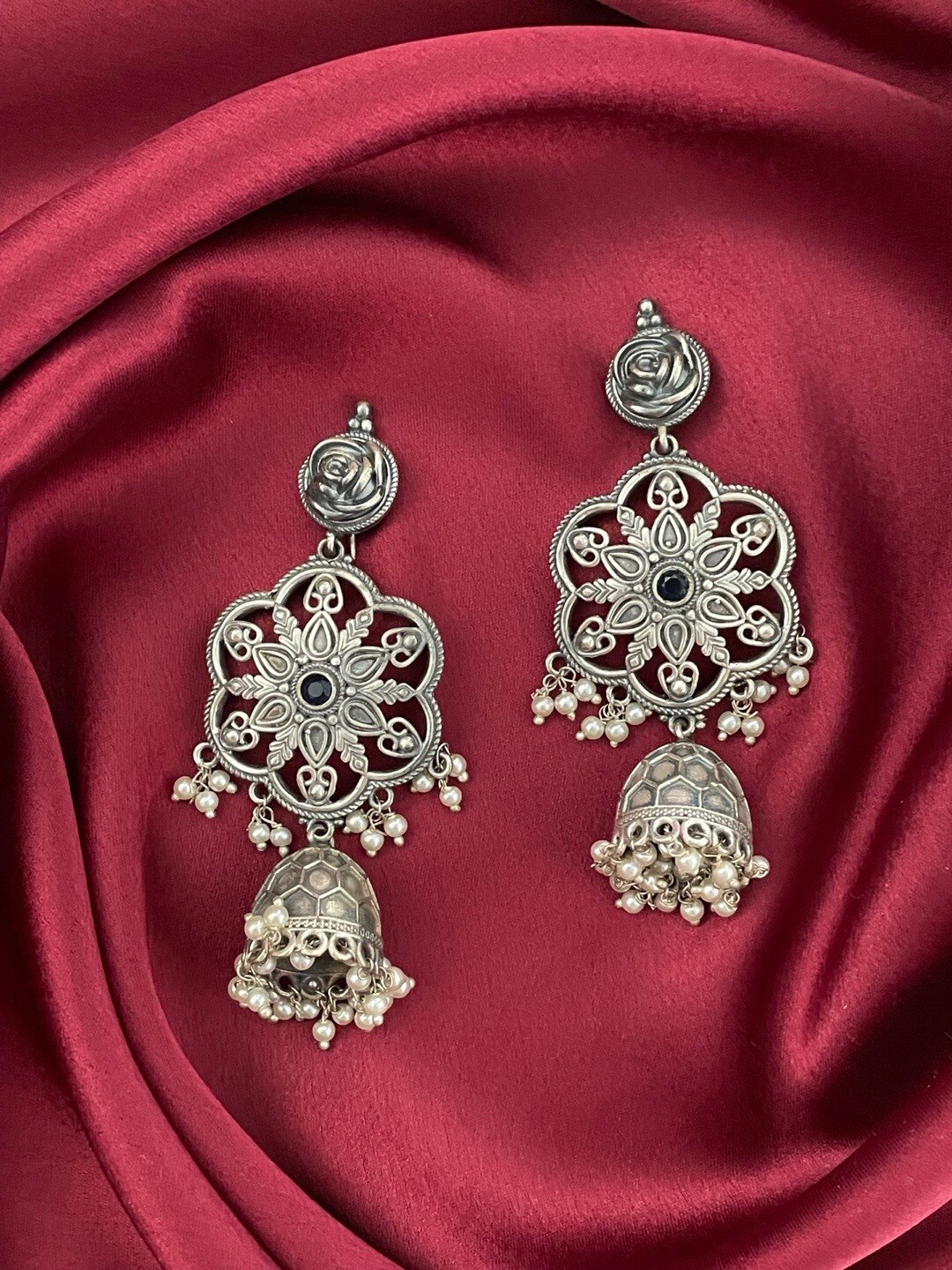 

Digital Dress Room Silver-Plated Floral Oxidized Jhumkas Earrings
