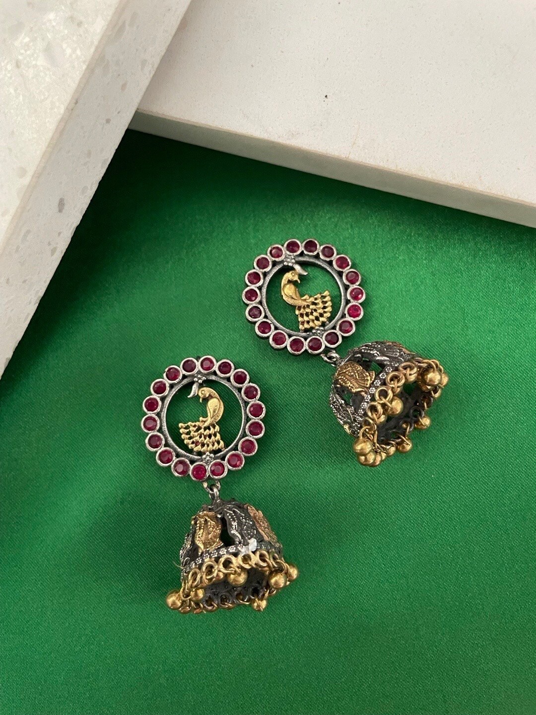 

Digital Dress Room Silver-Plated Peacock Shaped Oxidized Jhumkas Earrings