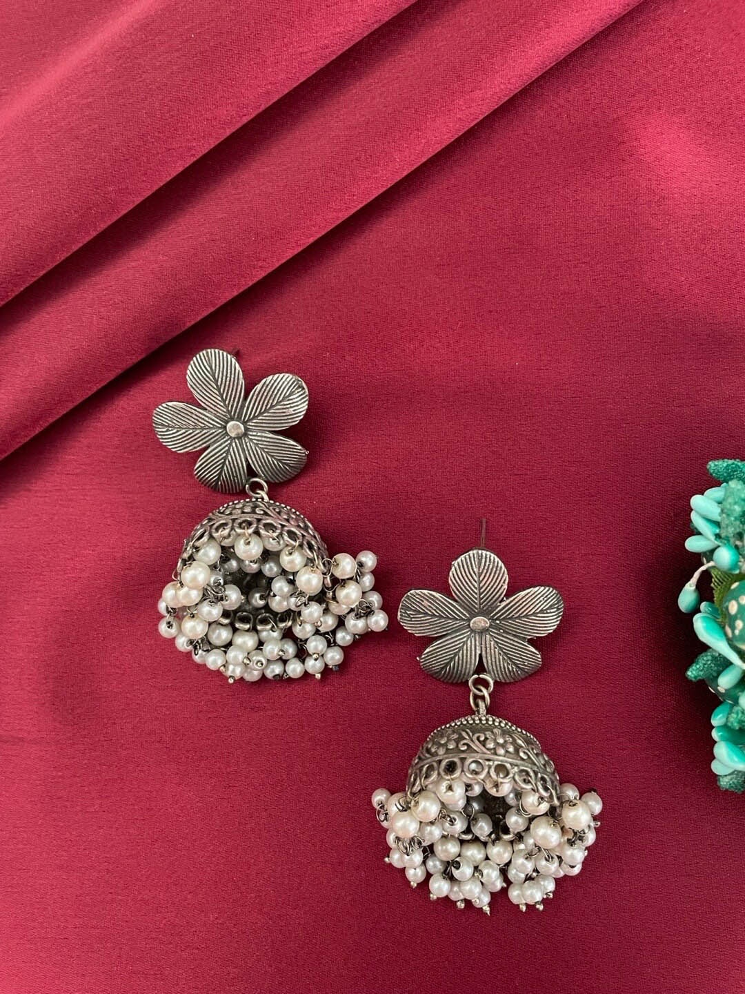 

Digital Dress Room Silver--Plated Floral Oxidized Jhumkas Earrings