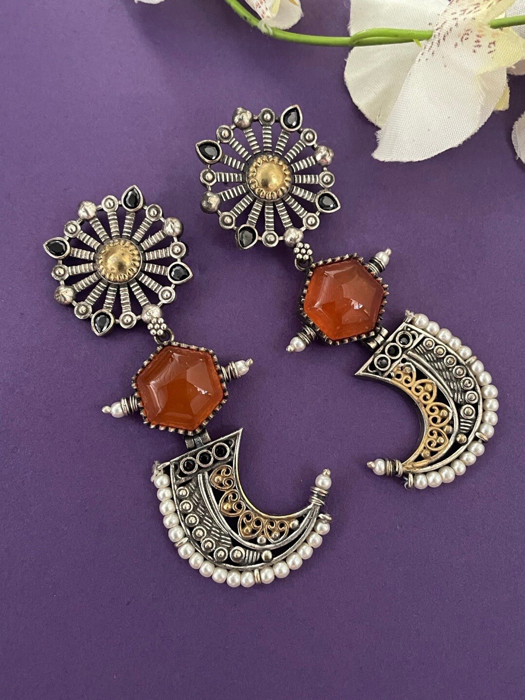 

Digital Dress Room Silver-Plated Stones & Beads Studded Classic Oxidized Drop Earrings