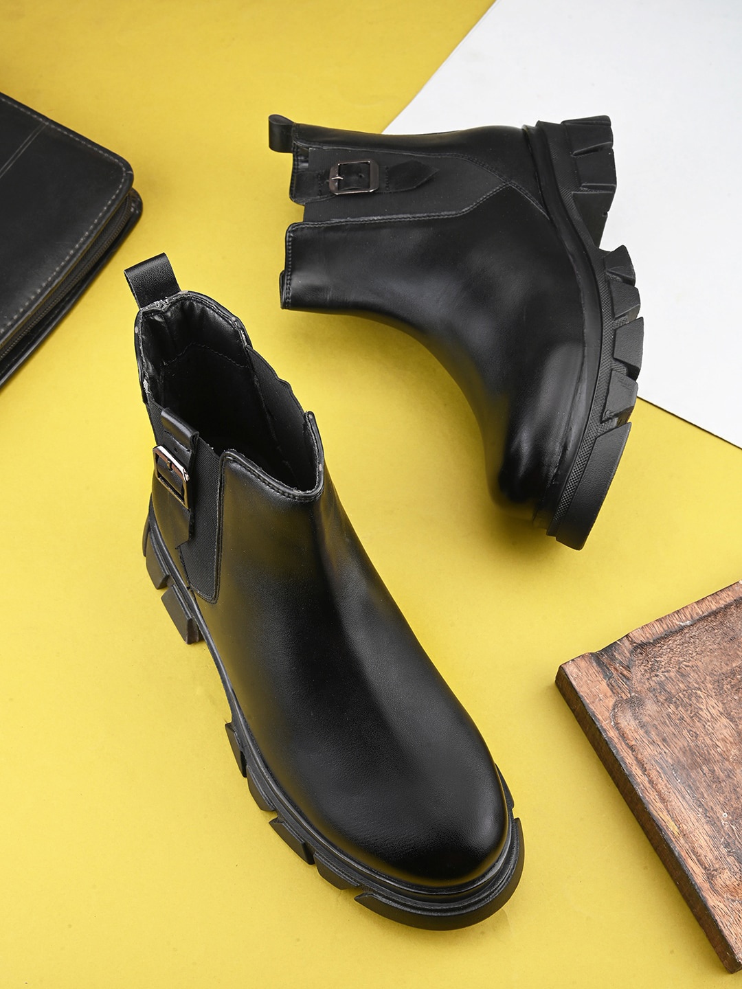 

The Lifestyle Co. Roadster Women Black Mid Top Platform Chelsea Boots With Buckle Detail