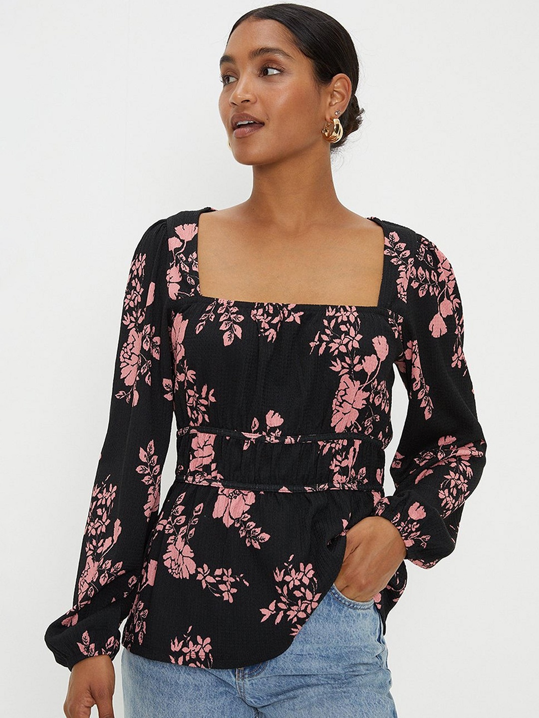 

DOROTHY PERKINS Square Neck Floral Print Puff Sleeve Cinched Waist Crinkle Top, Black