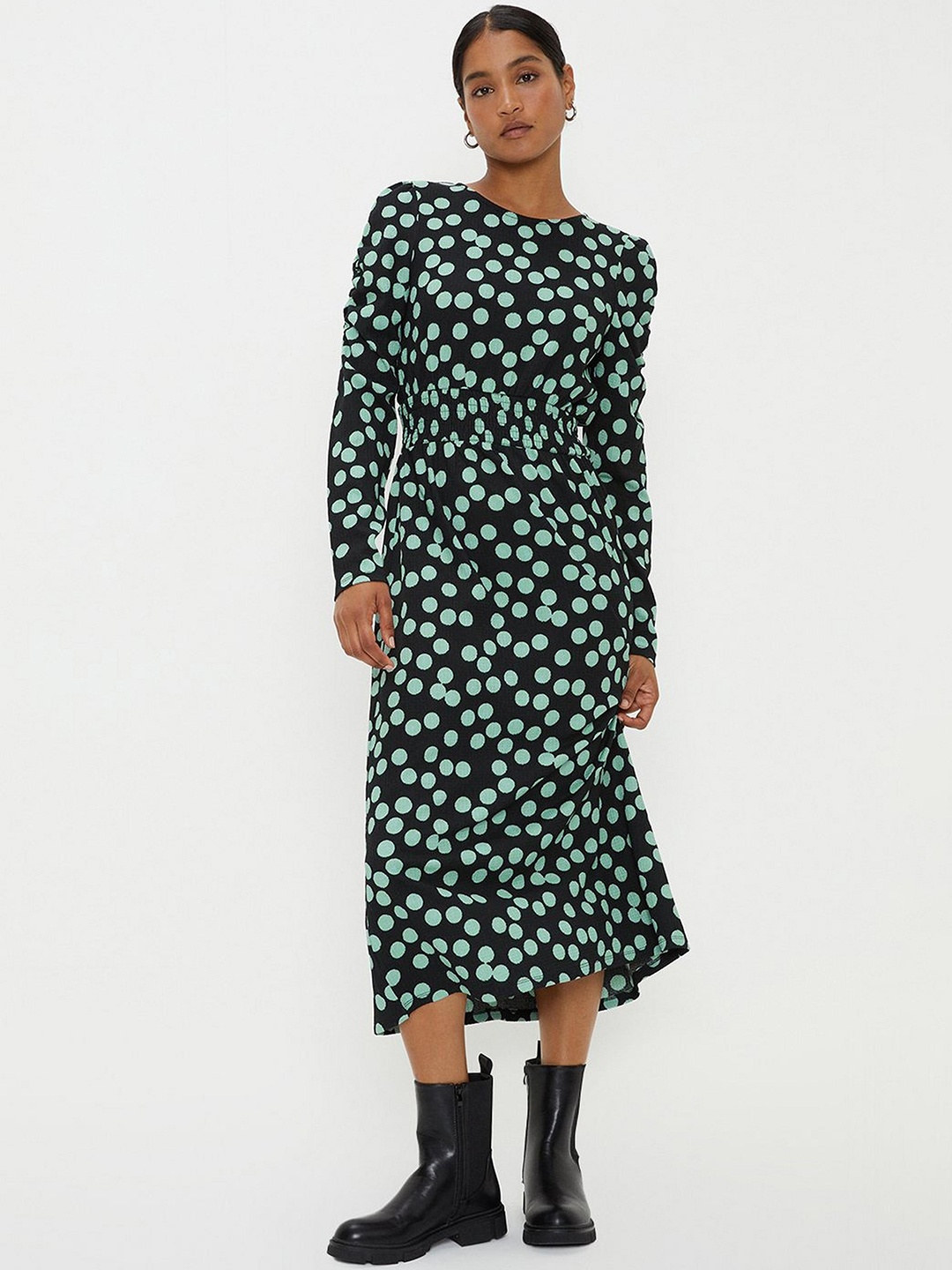 

DOROTHY PERKINS Polka Dot Print Shirred Waist A-Line Midi Dress, Black
