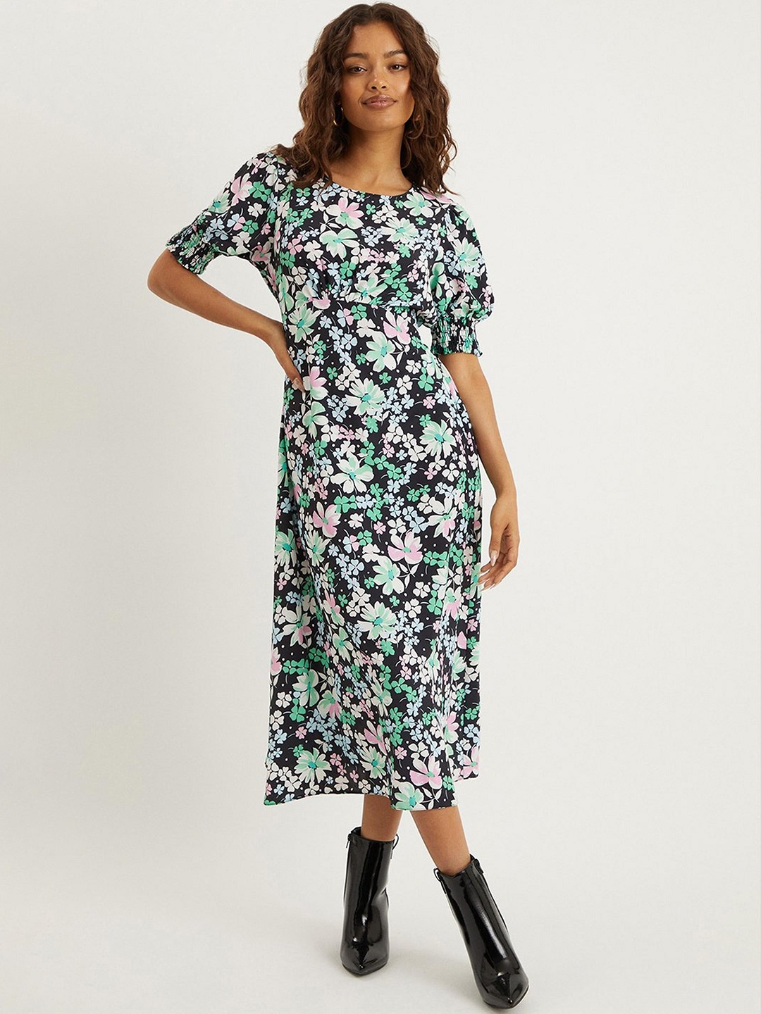 

DOROTHY PERKINS Petite Floral Print Shirred Cuff Midi Dress, Black