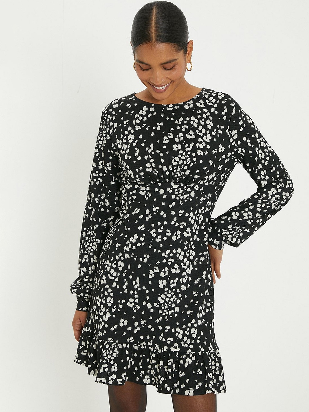 

DOROTHY PERKINS Printed Bishop Sleeve Empire Mini Dress, Black