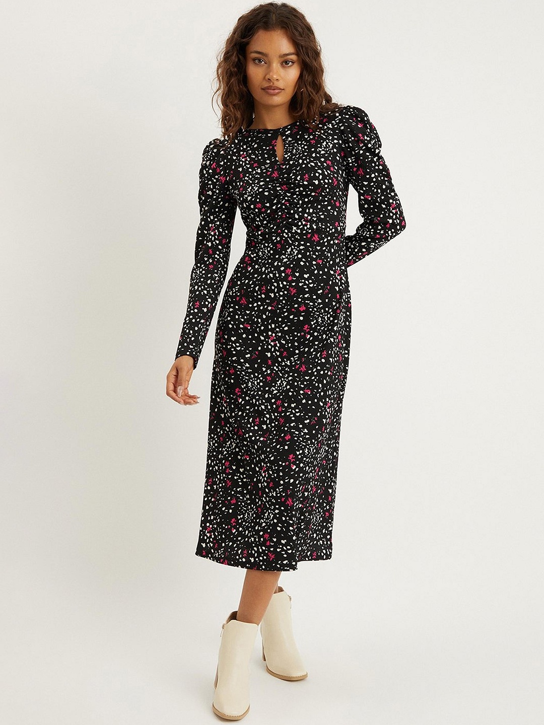 

DOROTHY PERKINS Printed Petite Keyhole Neck A-Line Midi Dress, Black