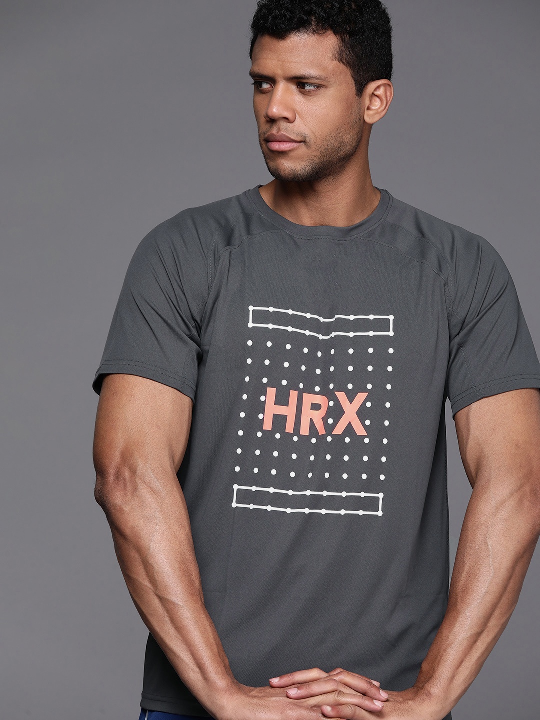 

HRX by Hrithik Roshan Men Brand Logo Printed Sports T-shirt, Grey