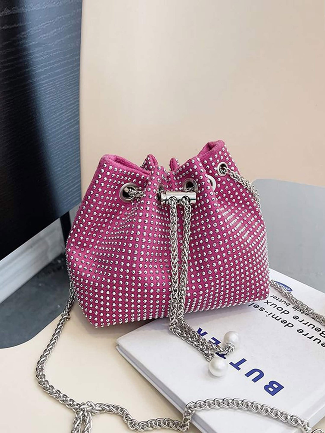 

INKMILAN Pink Embellished Suede Handheld Bag