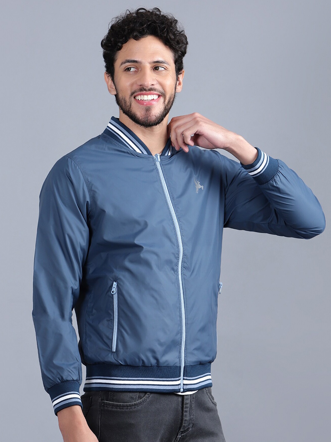 

Trenz Stand Collar Long Sleeves Reversible Bomber Jacket, Blue