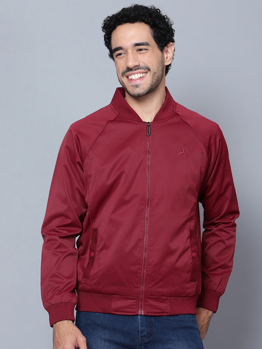 

Trenz Stand Collar Long Sleeves Bomber Jacket, Maroon