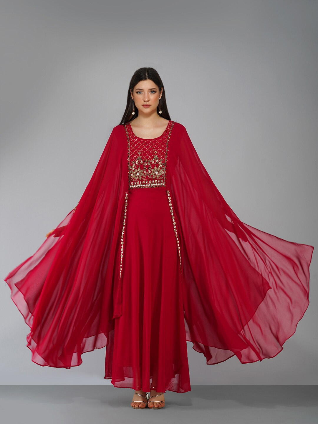 

KALINI Ethnic Motifs Embellished Cape Sleeves Pleated Detailed Maxi Ethnic Dress, Red