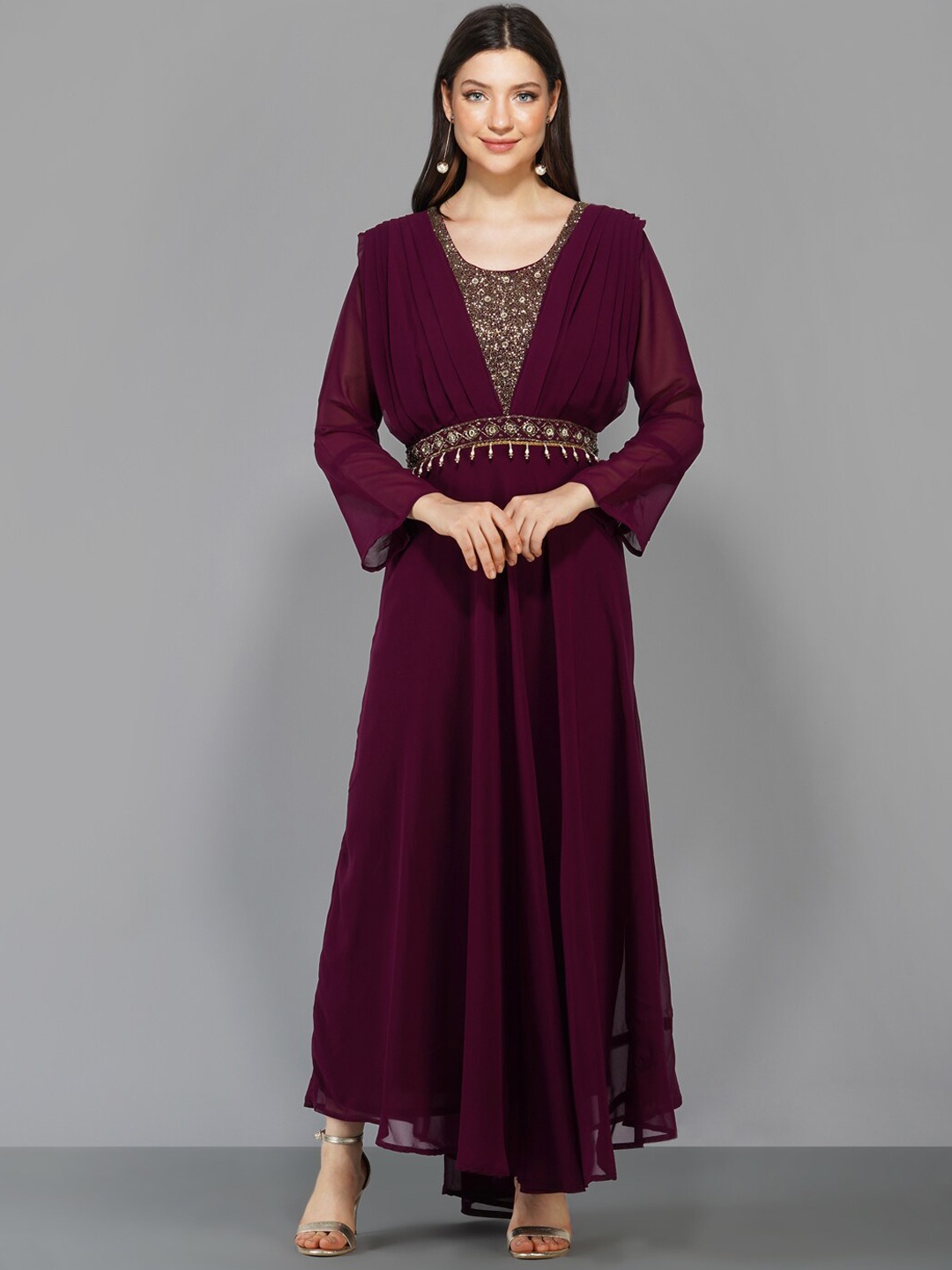 

KALINI Embellished Round Neck Georgette Maxi Ethnic Dress With Dupatta, Brown