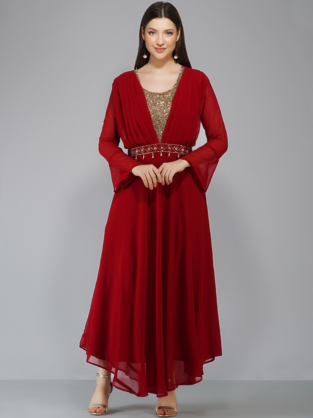 

KALINI Embellished Bell Sleeves Pleated Detailed Maxi Ethnic Dress With Dupatta, Maroon