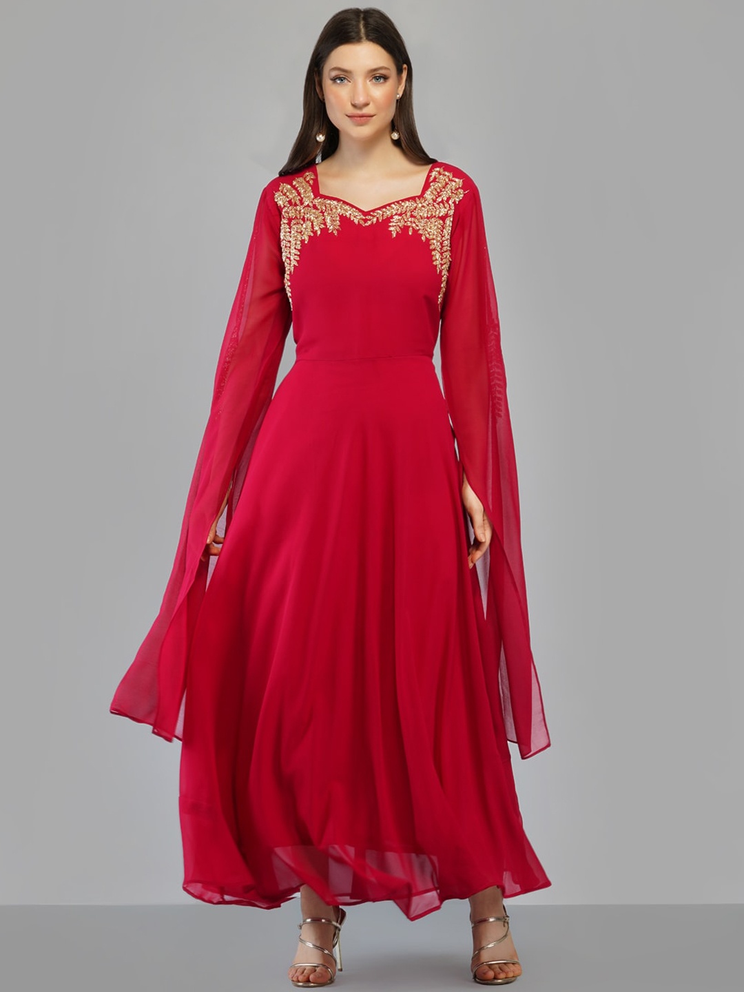 

KALINI Floral Embroidered Flared Sleeves Georgette Fit and Flare Maxi Ethnic Dress, Red