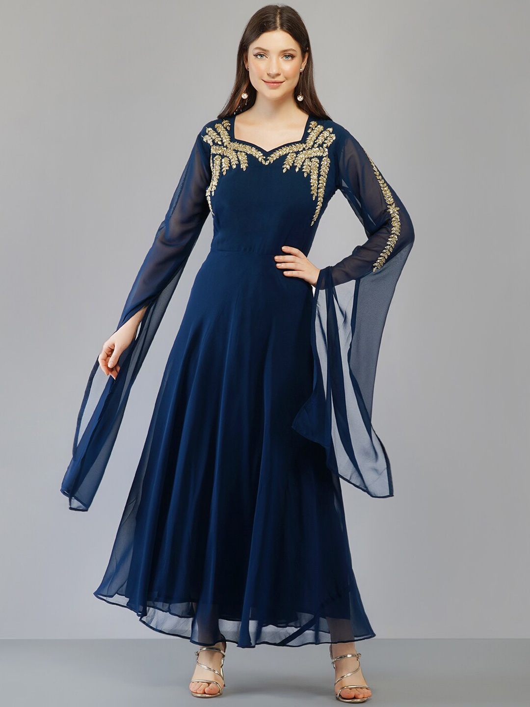 

KALINI Sweetheart Neck Georgette Fit & Flare Maxi Ethnic Dress, Blue