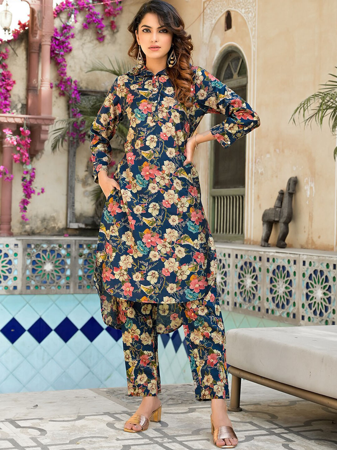 

Yufta Floral Printed Shirt Collar Co-Ords, Navy blue