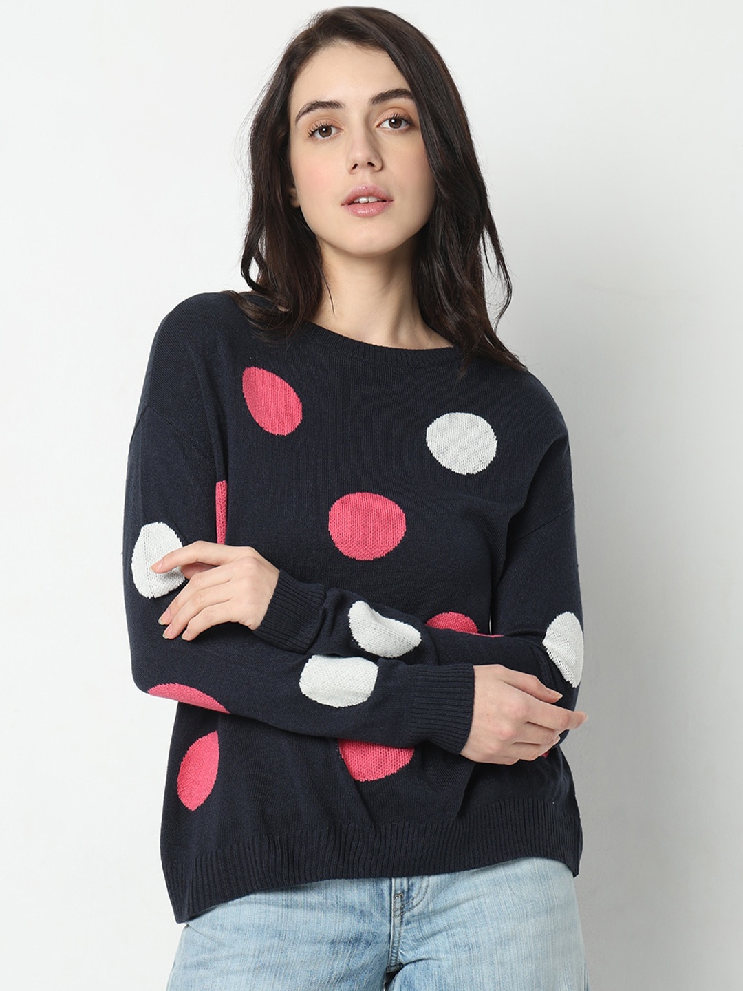 

Vero Moda Geometric Self Design Acrylic Pullover Sweater, Navy blue