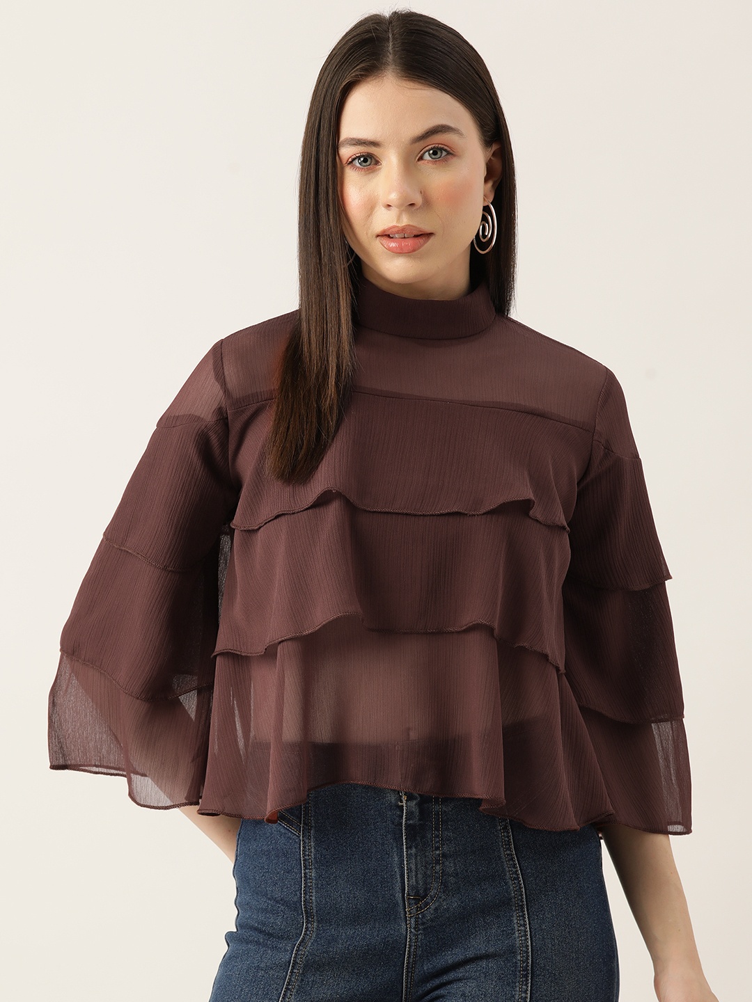

LABEL REGALIA Flared Sleeves High Neck Layered Chiffon Top, Brown
