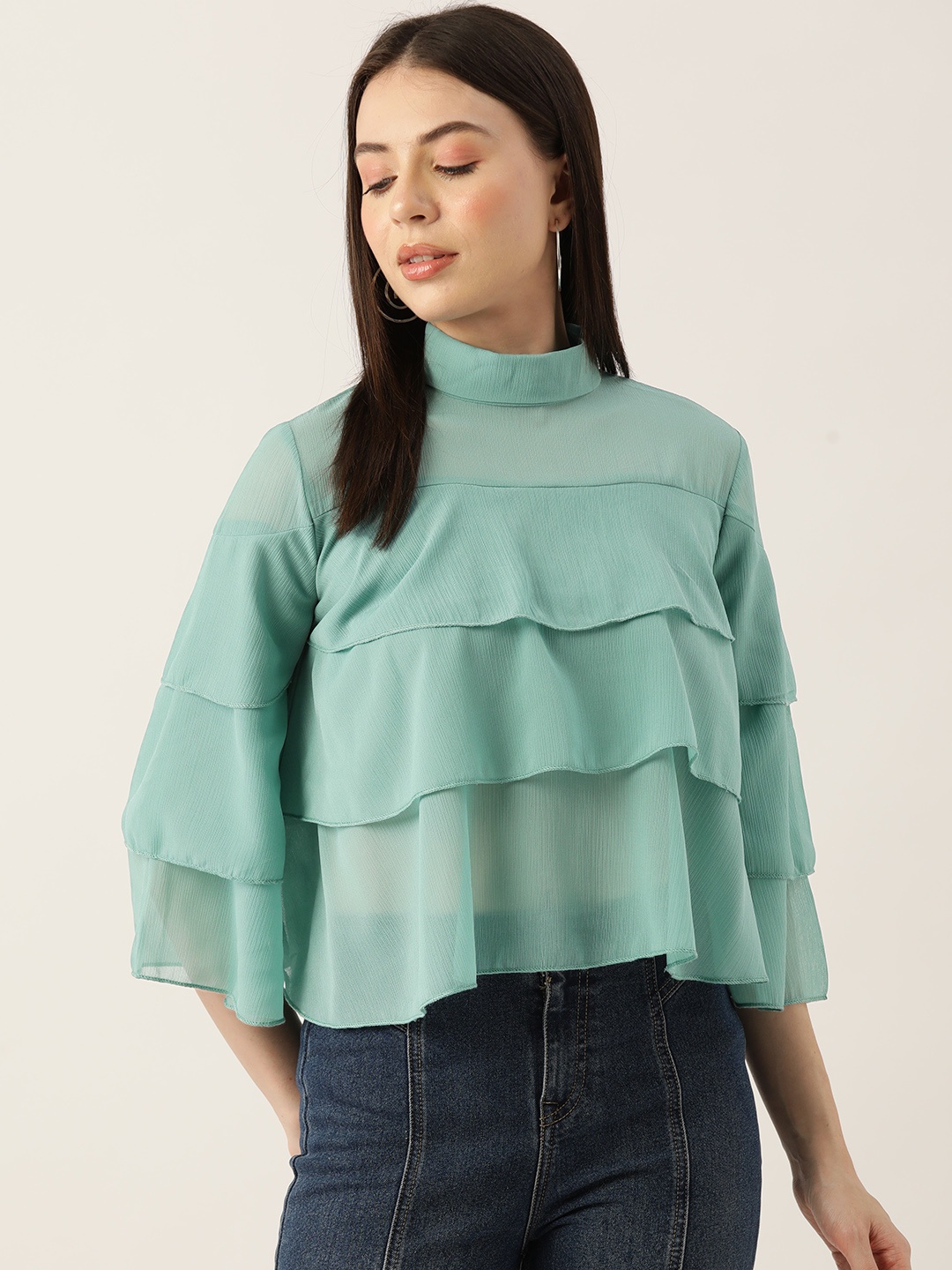 

LABEL REGALIA Flared Sleeves High Neck Layered Chiffon Top, Teal