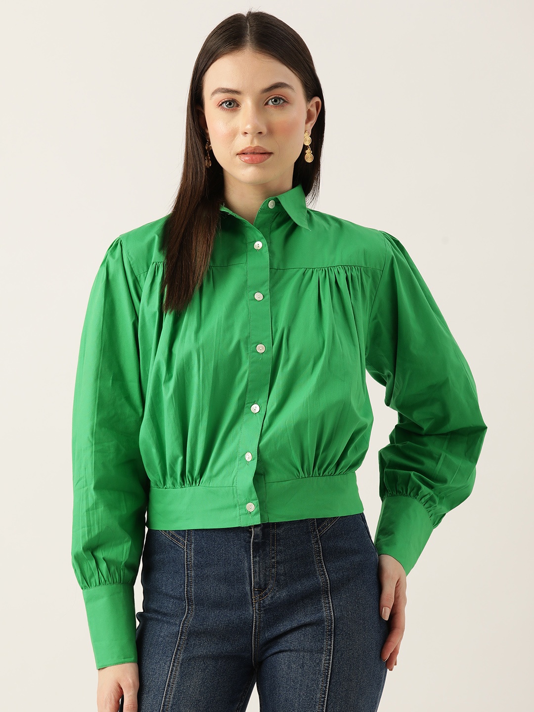 

LABEL REGALIA Modern Puff Sleeves Boxy Casual Shirt, Green