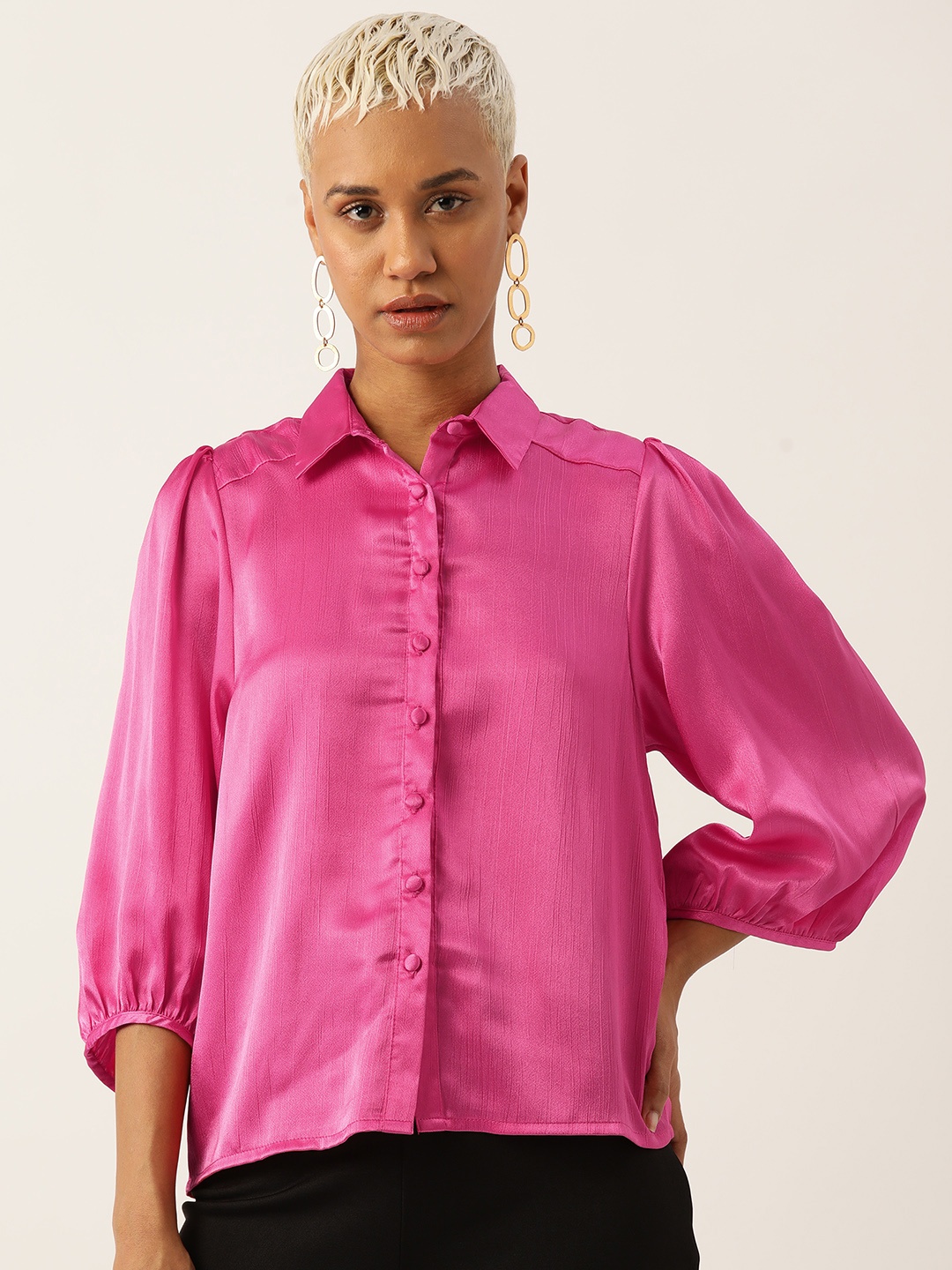 

LABEL REGALIA Modern Boxy Puff Sleeves Casual Shirt, Pink