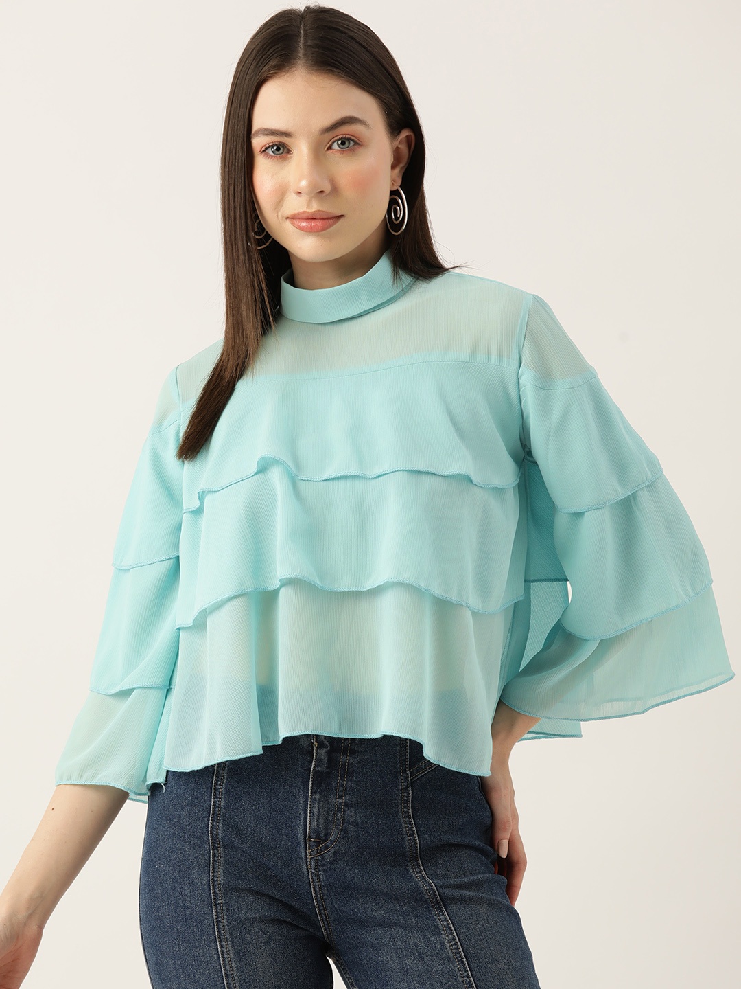 

LABEL REGALIA Flared Sleeves High Neck Layered Chiffon Top, Blue