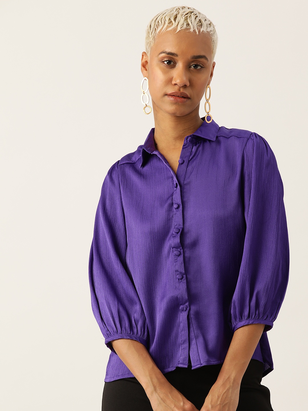 

LABEL REGALIA Modern Boxy Puff Sleeves Casual Shirt, Purple