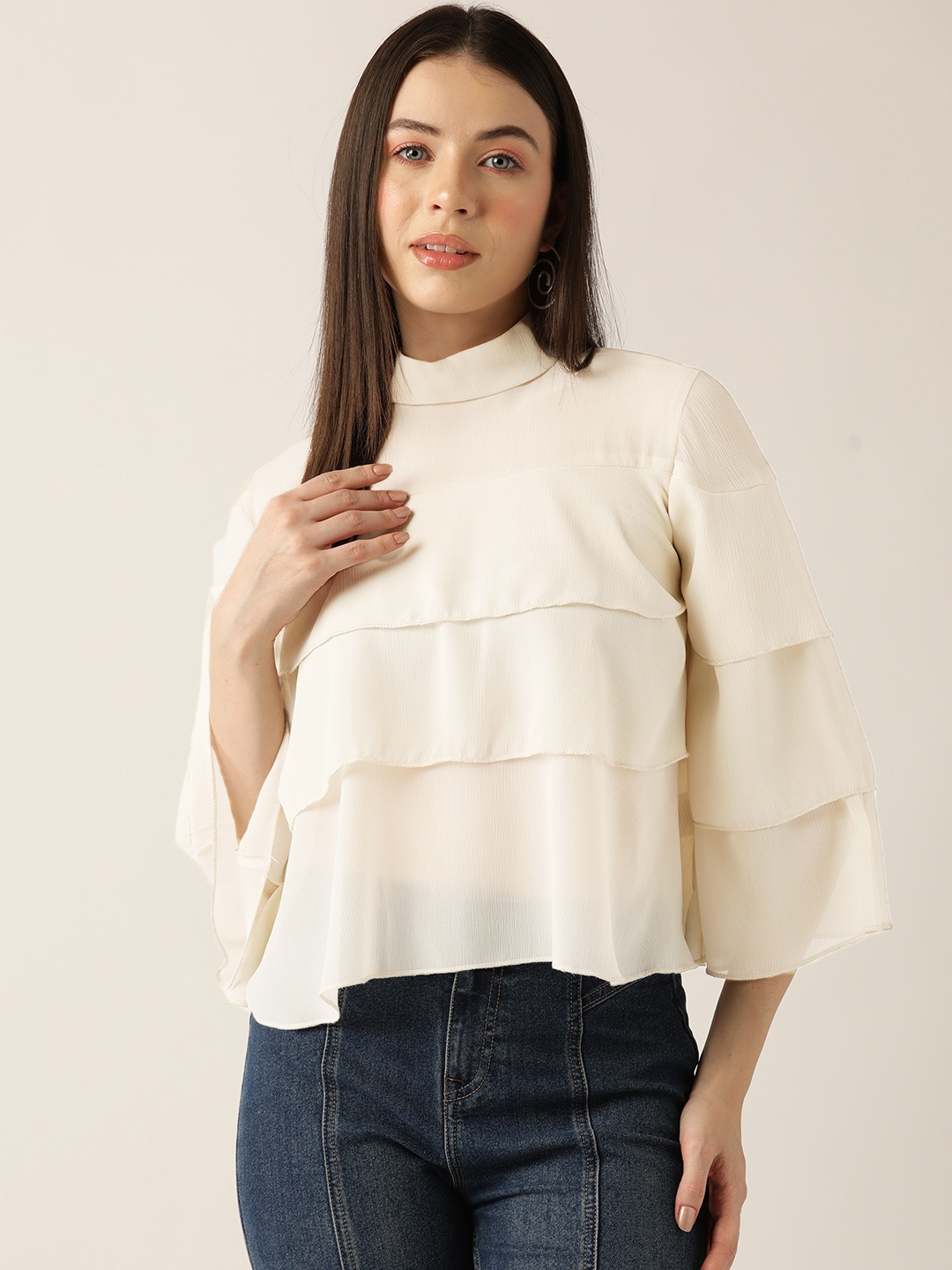 

LABEL REGALIA Flared Sleeves High Neck Layered Chiffon Top, Beige